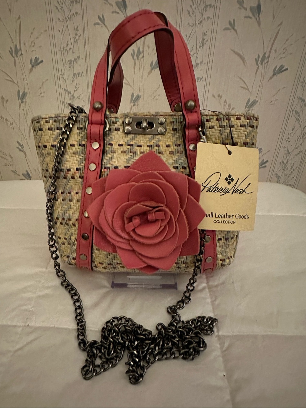 Patricia Nash Pink Floral Accent Woven Mini Tote